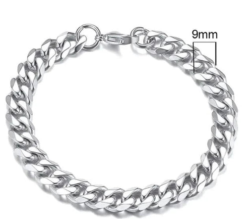 Gold-tone stainless steel Cuban bracelet by MANDOTOS featuring 3-11mm wide links, stylish and durable men's jewelry accessory.