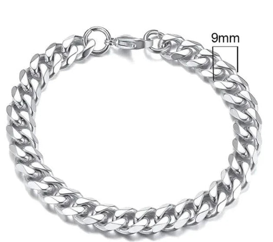 Gold-tone stainless steel Cuban bracelet by MANDOTOS featuring 3-11mm wide links, stylish and durable men's jewelry accessory.