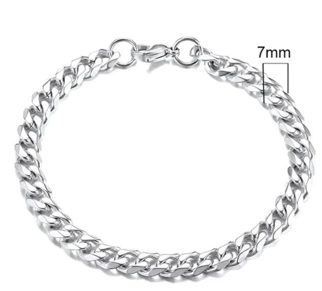 Gold-tone stainless steel Cuban bracelet, 3-11mm width, by MANDOTOS featuring a bold, polished chain design.