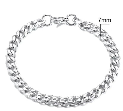 Gold-tone stainless steel Cuban bracelet, 3-11mm width, by MANDOTOS featuring a bold, polished chain design.