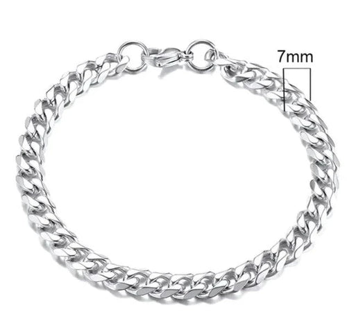 Gold-tone stainless steel Cuban bracelet, 3-11mm width, by MANDOTOS featuring a bold, polished chain design.