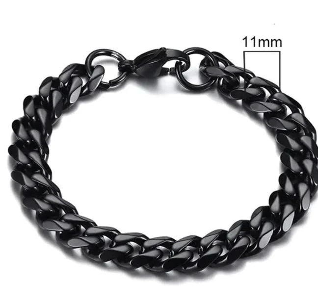 Gold-tone stainless steel Cuban bracelet by MANDOTOS with 3-11mm links, featuring a sleek and polished design.