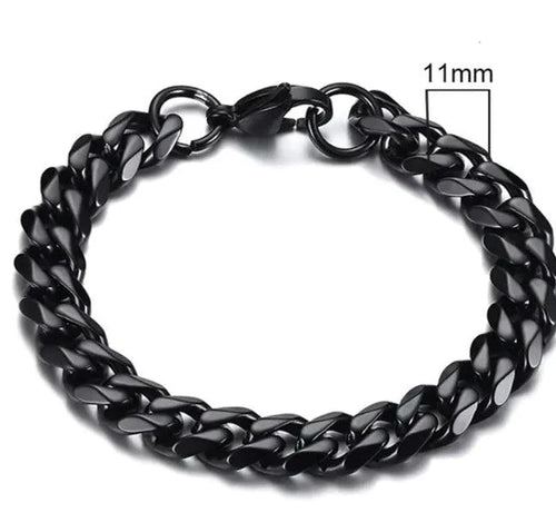 Gold-tone stainless steel Cuban bracelet by MANDOTOS with 3-11mm links, featuring a sleek and polished design.
