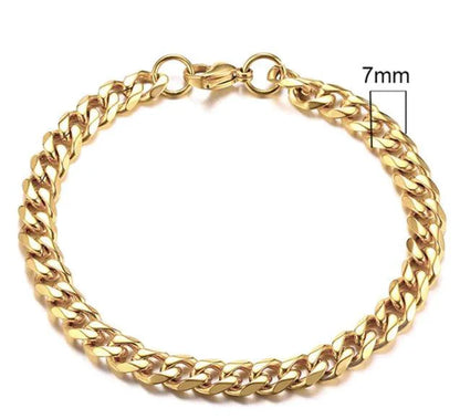 Gold-tone stainless steel Cuban bracelet with 3-11mm links, featuring a stylish and durable design by MANDOTOS.
