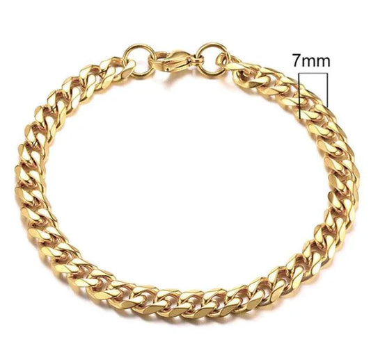 Gold-tone stainless steel Cuban bracelet with 3-11mm links, featuring a stylish and durable design by MANDOTOS.
