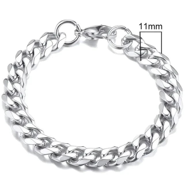 Gold-tone stainless steel Cuban bracelet by MANDOTOS, featuring 3-11mm wide interlocking links.
