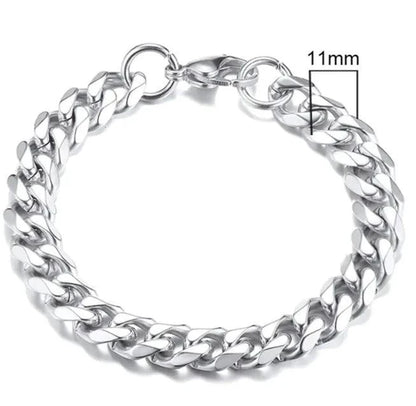 Gold-tone stainless steel Cuban bracelet by MANDOTOS, featuring 3-11mm wide interlocking links.