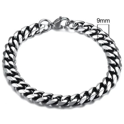 Gold-tone stainless steel Cuban bracelet from MANDOTOS, 3-11mm width, featuring polished, interlocking links on a sleek design.