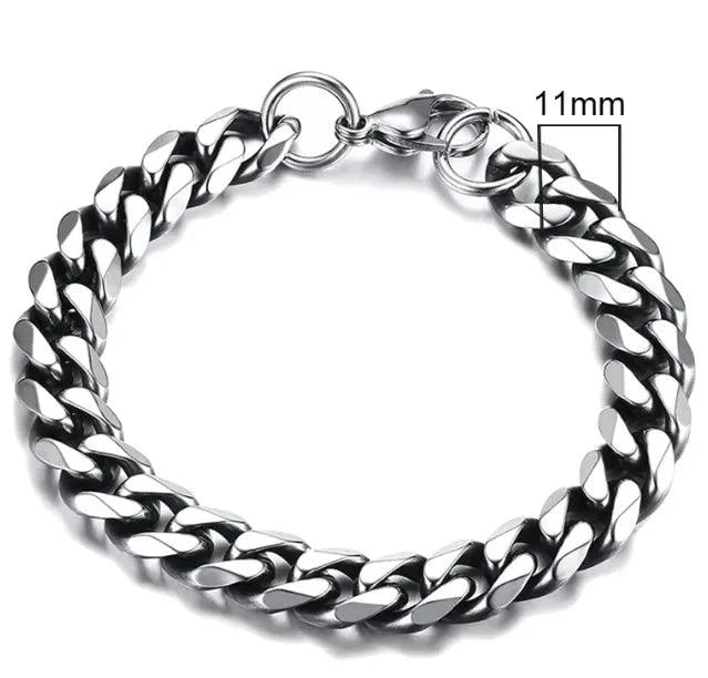 Gold-tone stainless steel Cuban bracelet by MANDOTOS, featuring 3-11mm wide interlinked links for a bold, stylish look.