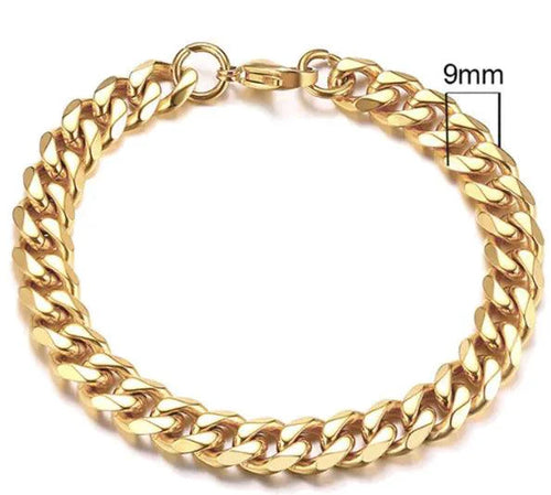 Gold-tone stainless steel Cuban bracelet with 3-11mm links, crafted by MANDOTOS, displayed close-up of the stylish jewelry piece.