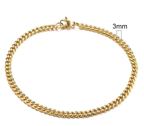 Gold-tone stainless steel Cuban bracelet by MANDOTOS, featuring 3-11mm links, displayed on a neutral background.