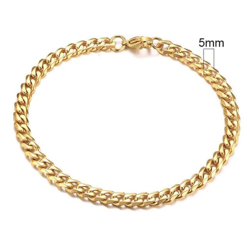 Gold-tone stainless steel Cuban bracelet by MANDOTOS with 3-11mm wide links, showcasing a polished, stylish jewelry piece.