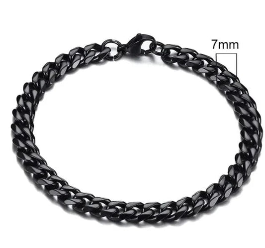 Gold-tone stainless steel Cuban bracelet by MANDOTOS featuring 3-11mm wide links, stylish and durable everyday jewelry.