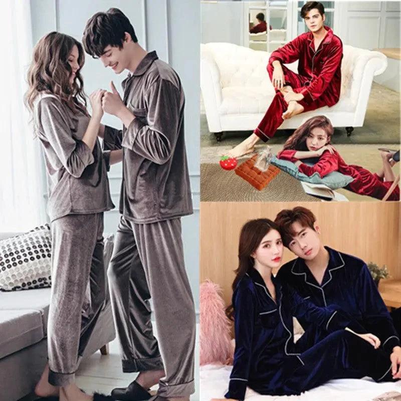 Gold velvet pajamas by MANDOTOS featuring a soft, luxurious fabric and a relaxed fit, perfect for cozy lounging or sleep.