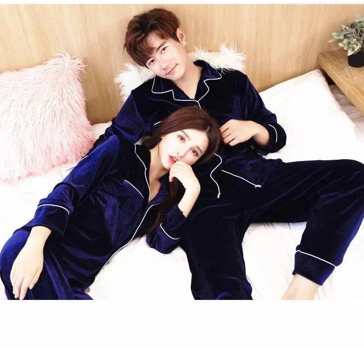 Gold velvet pajamas from MANDOTOS with a soft, plush fabric and relaxed fit, perfect for comfortable sleepwear.