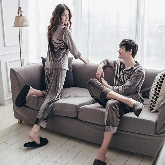 Gold velvet pajamas from MANDOTOS featuring a soft, luxurious fabric and comfortable fit.