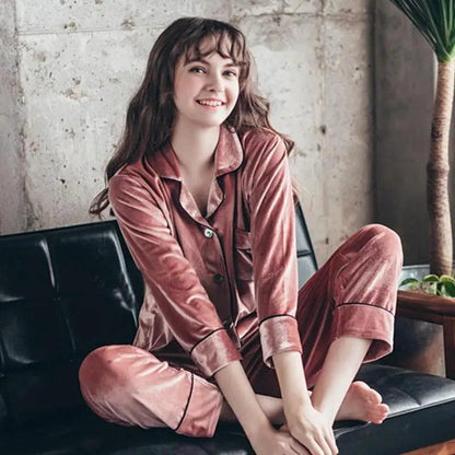 Gold velvet pajamas by MANDOTOS, featuring soft, luxurious fabric and a cozy fit, perfect for comfortable loungewear.