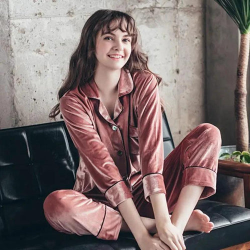 Gold velvet pajamas by MANDOTOS, featuring soft, luxurious fabric and a cozy fit, perfect for comfortable loungewear.