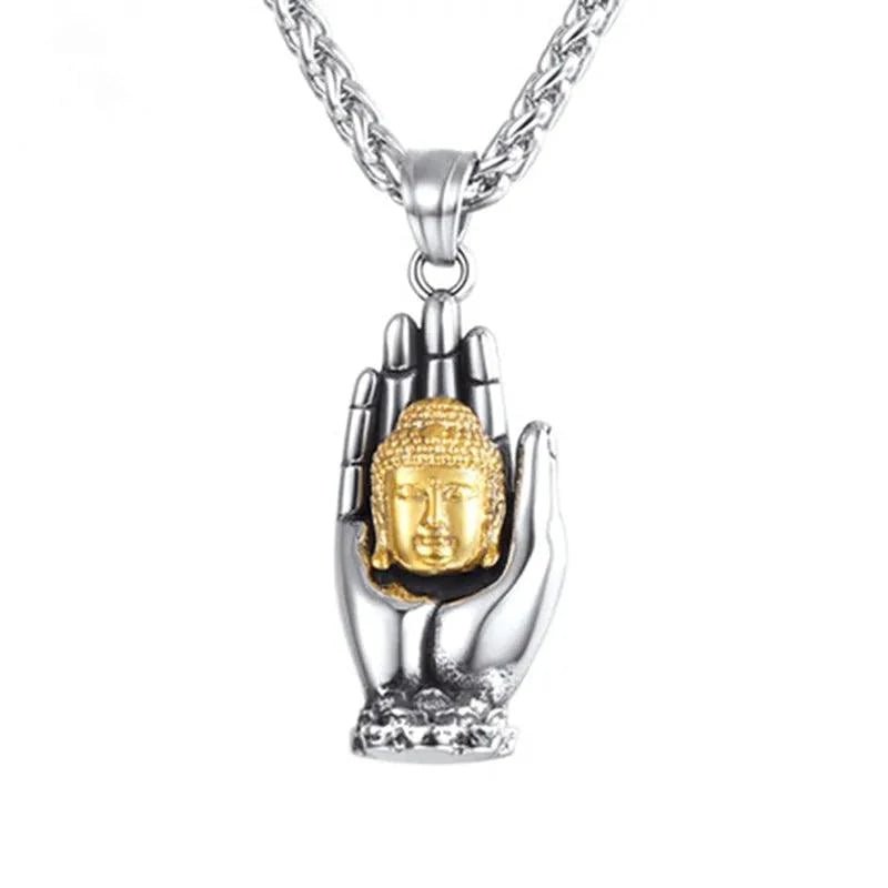Golden Buddha pendant by MANDOTOS featuring a detailed, shiny gold finish, hanging on a delicate chain.
