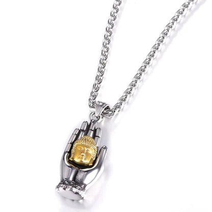 Golden Buddha pendant by MANDOTOS featuring a detailed, polished Buddha figure on a chain, ideal for spiritual and stylish jewelry.