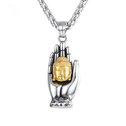 Golden Buddha pendant from MANDOTOS featuring intricate detailing and a polished finish, designed for spiritual jewelry collection.