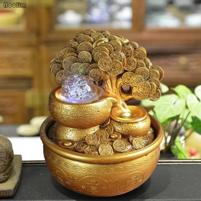 Mandotos Golden Prosperity Tree Fountain with flowing water, decorative gold-colored tree display for home or office decor.