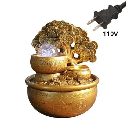 Mandotos Golden Prosperity Tree Fountain with flowing water and intricate golden design, ideal for home decor or spiritual space.