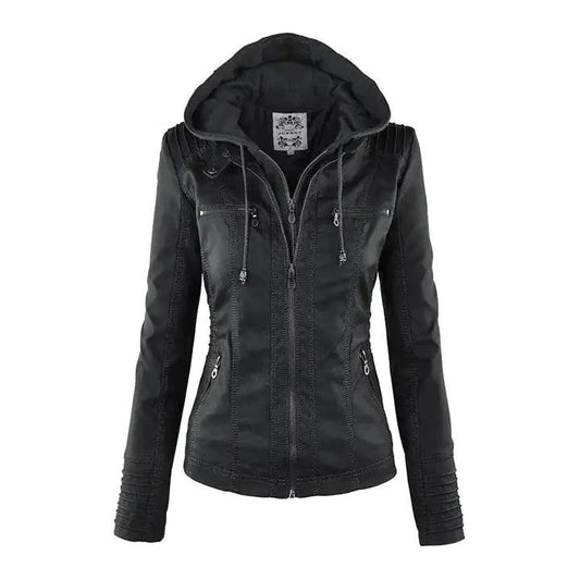 Mandotos Gothic faux leather jacket with silver hardware and fitted design, featuring a high collar and long sleeves.