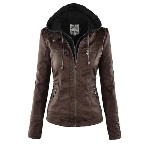 Mandotos Gothic faux leather jacket with silver hardware and pointed collar, stylishly displayed on a mannequin.