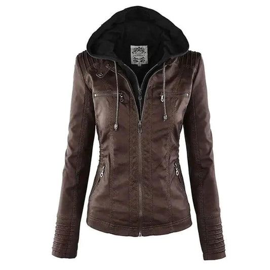 Mandotos Gothic faux leather jacket with silver hardware and pointed collar, stylishly displayed on a mannequin.