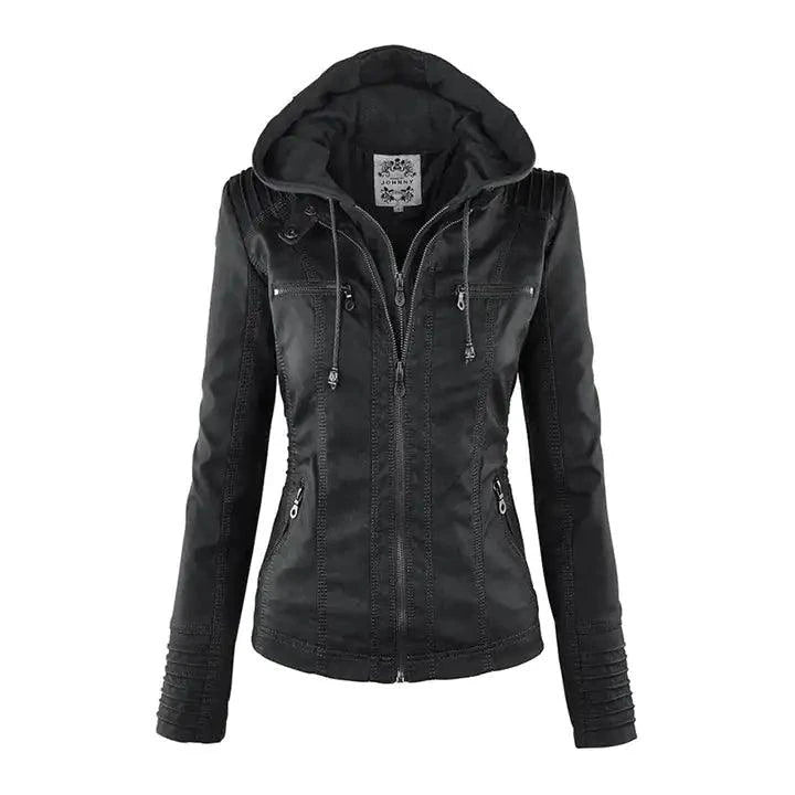 Mandotos Gothic faux leather jacket with silver hardware, fitted style, and edgy punk-inspired design.