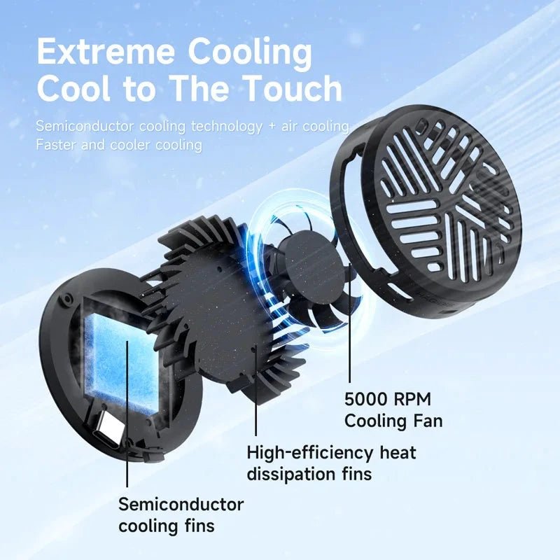 Mandotos Hagibis magnetic cell phone cooler and cooling fan for iPhone 16 Pro and Black Shark gaming phones, ideal for live streaming.