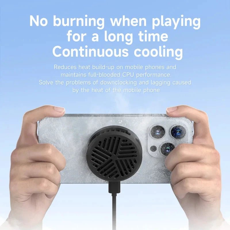 Mandotos Hagibis magnetic cell phone cooler fan on iPhone 16 Pro, black Shark gaming live stream with portable mobile phone radiator