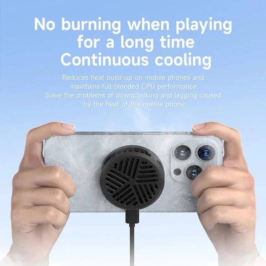 Mandotos Hagibis magnetic cell phone cooler fan on iPhone 16 Pro, black Shark gaming live stream with portable mobile phone radiator