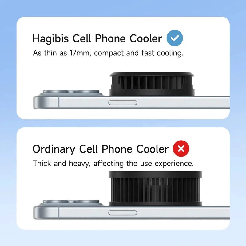 Mandotos Hagibis magnetic cell phone cooler and radiator for iPhone 16 Pro and Black Shark gaming phones, with cooling fan for live streaming.