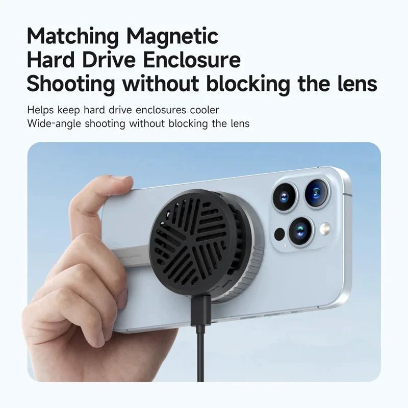 MANDOTOS Hagibis magnetic cell phone cooler and fan for iPhone 16 Pro and Black Shark gaming phones, ideal for cooling and live streaming.
