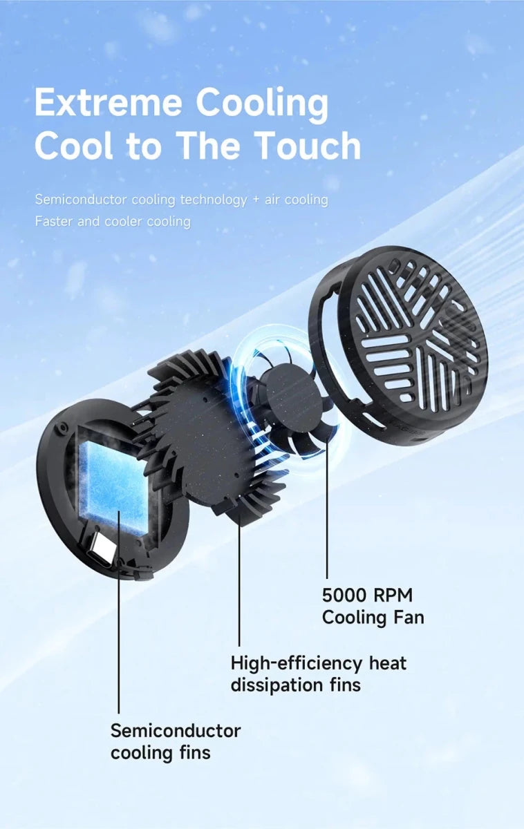 MANDOTOS Hagibis magnetic cell phone cooler, universal cooling fan for iPhone 16 Pro and Black Shark gaming phones, ideal for live streaming.