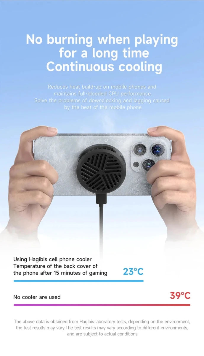 MANDOTOS Hagibis magnetic cell phone cooler and radiator for iPhone 16 Pro and Black Shark gaming phones, with universal cooling fan.