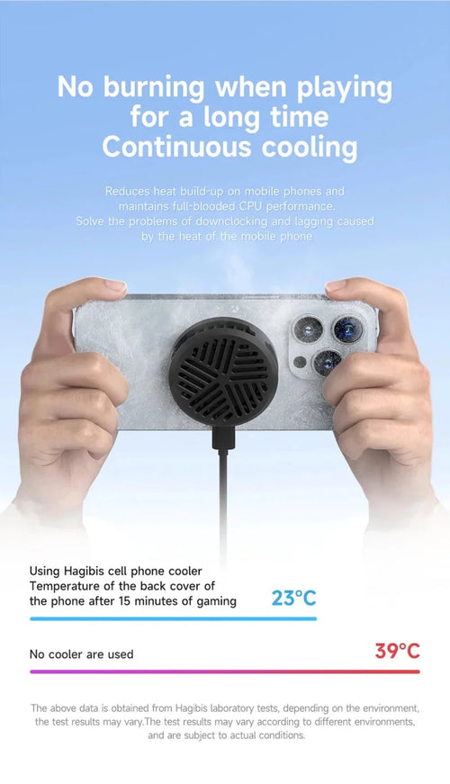 MANDOTOS Hagibis magnetic cell phone cooler and radiator for iPhone 16 Pro and Black Shark gaming phones, with universal cooling fan.