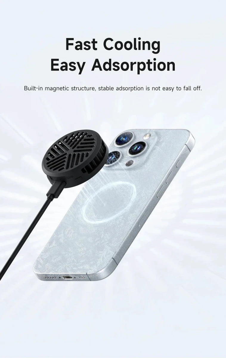 Mandotos Hagibis magnetic cell phone cooler fan for iPhone 16 Pro and Black Shark gaming phones, cooling and radiator for live streaming.