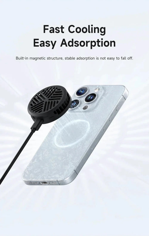 Mandotos Hagibis magnetic cell phone cooler fan for iPhone 16 Pro and Black Shark gaming phones, cooling and radiator for live streaming.