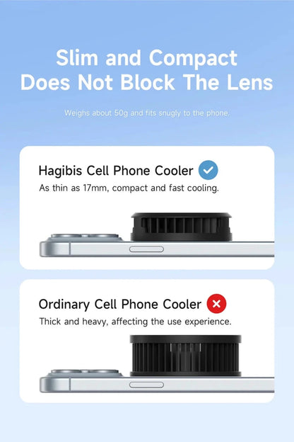 Mandotos Hagibis magnetic cell phone cooler with black fan for iPhone 16 Pro and Black Shark gaming phones, ideal for live streaming.