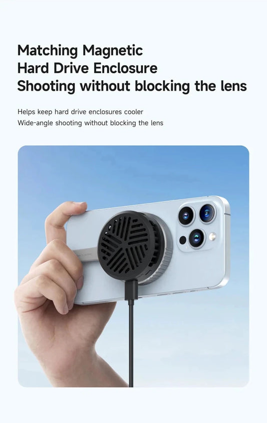 MANDOTOS Hagibis magnetic cell phone cooler and fan for iPhone 16 Pro and Black Shark gaming phones, ideal for live streaming.