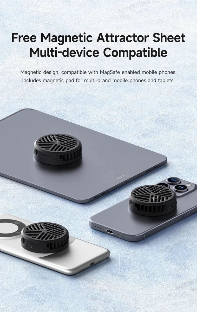 Mandotos Hagibis magnetic cell phone cooler and fan for iPhone 16 Pro and Black Shark gaming phones, ideal for live streaming.