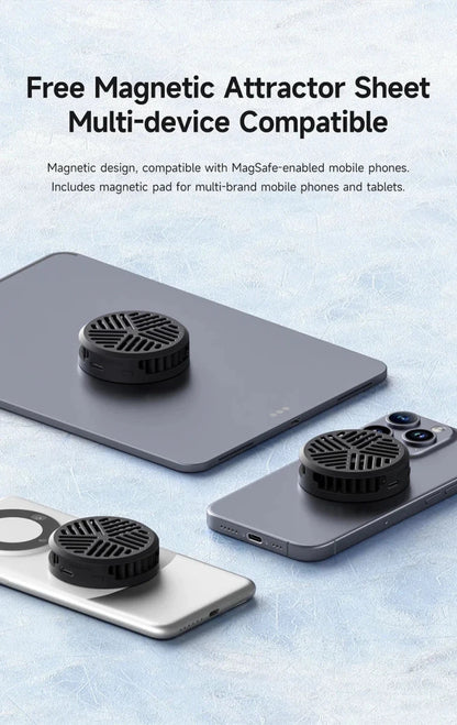 Mandotos Hagibis magnetic cell phone cooler and fan for iPhone 16 Pro and Black Shark gaming phones, ideal for live streaming.