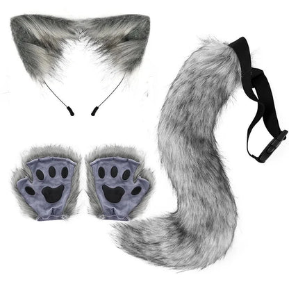 Mandotos Halloween fox tail and ears cosplay set with paw gloves, featuring realistic orange and white fox costume accessories.
