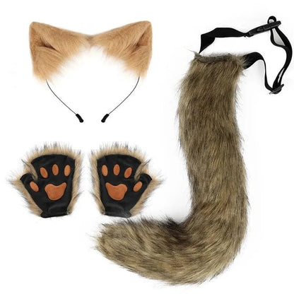 Mandotos Halloween fox tail and ears set with paw gloves for cosplay costume, featuring realistic fur details and playful design.