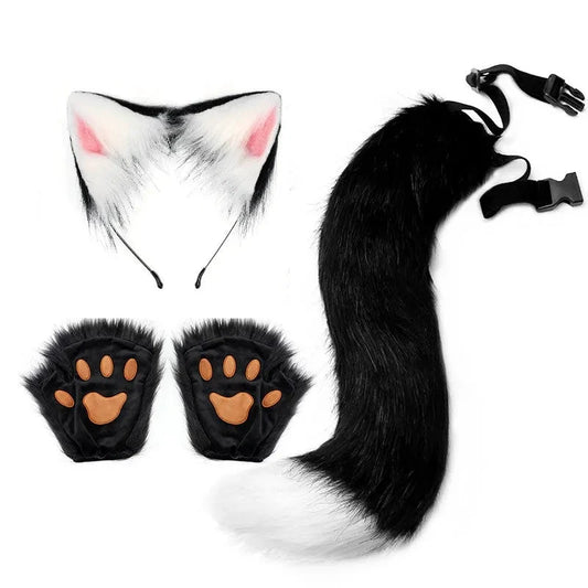 Halloween fox tail and ears cosplay set by MANDOTOS with paw gloves, featuring a realistic fox costume accessory for Halloween dress-up.