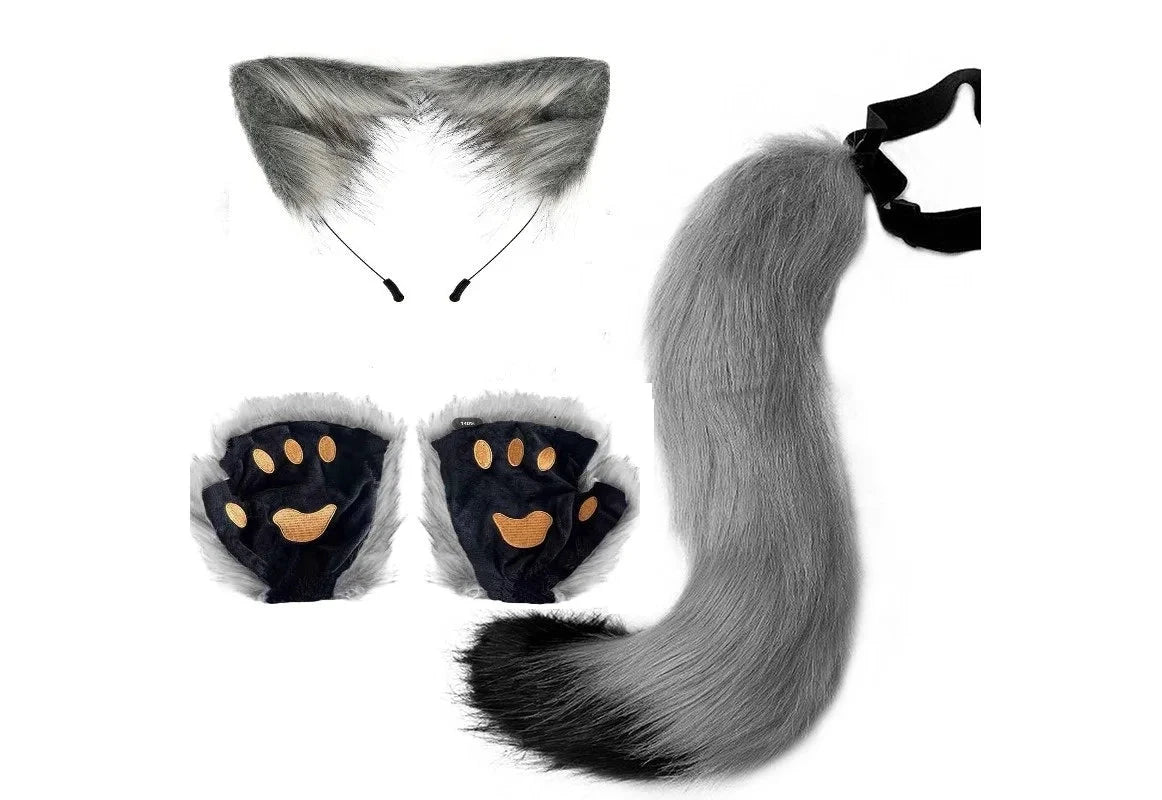 Mandotos Halloween fox tail and ears cosplay set with paw gloves, featuring realistic fox accessories and costume details.