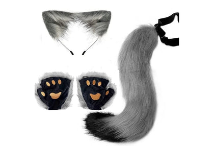 Mandotos Halloween fox tail and ears cosplay set with paw gloves, featuring realistic fox accessories and costume details.